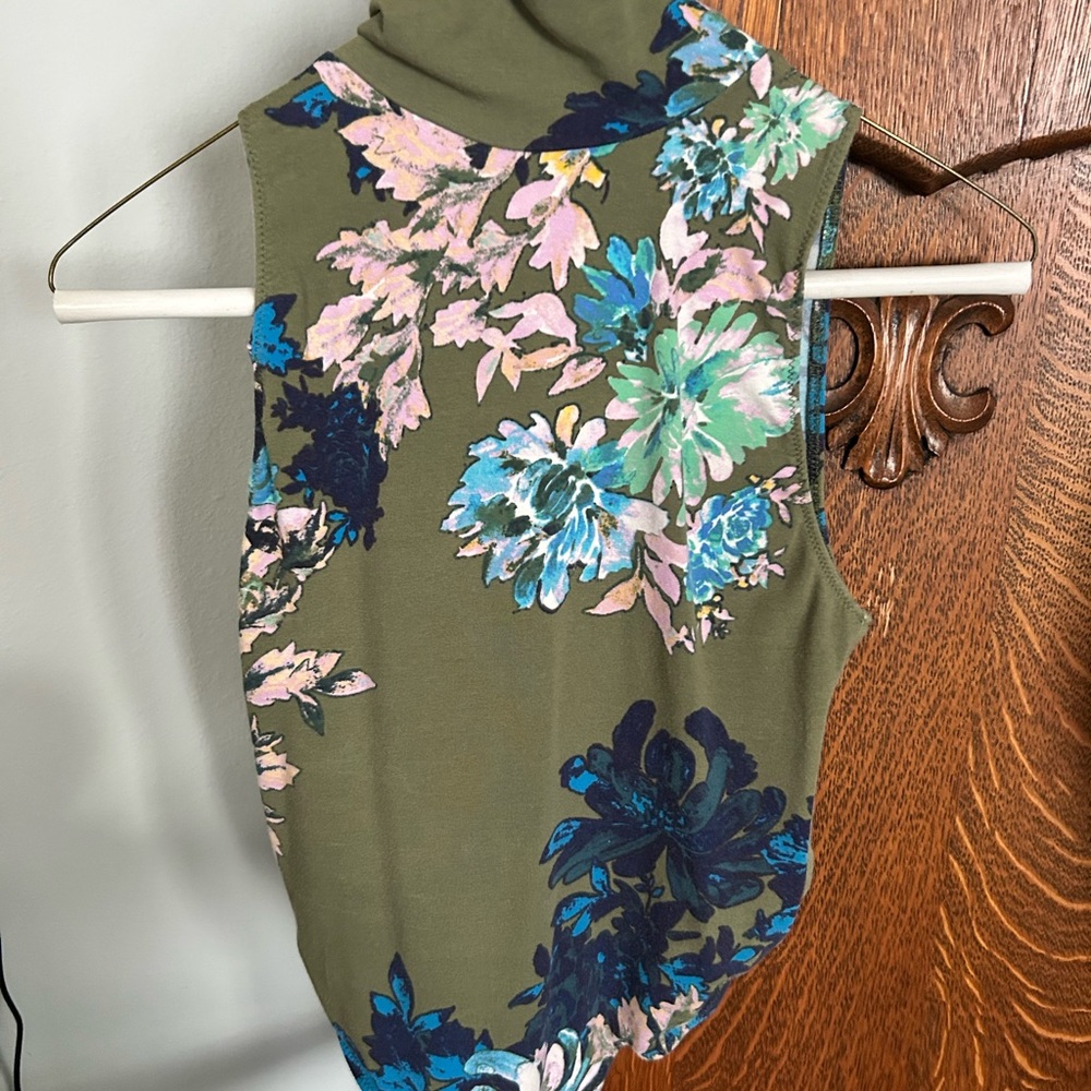 Free People Floral Sleeveless Blouse - Olive and Blue